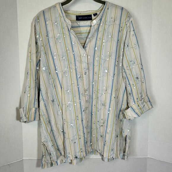 Susan Graver Tops - Susan Graver Style Women's Crinkled Cotton Front Button Top XL White/Yellow/Blue